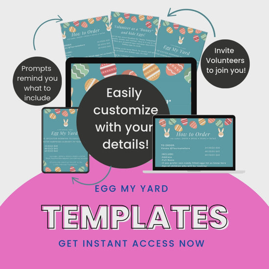 How it works: two bunny ears explaining how purchasers will receive and access their Easter Egg My Yard Template and personalize for their own event.